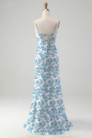 Blue Flower A-Line Cowl Neck Printed Floor Length Dress With Slit